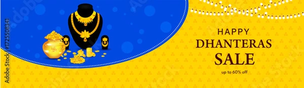 Fototapeta Happy Dhanteras Indian Festival Diwali biggest gold sale banner, poster and web header design vector illustration.