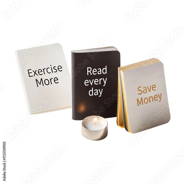 Fototapeta Three books with new year resolutions and burning candle on transparent background. Goal setting and self improvement concept for new year.