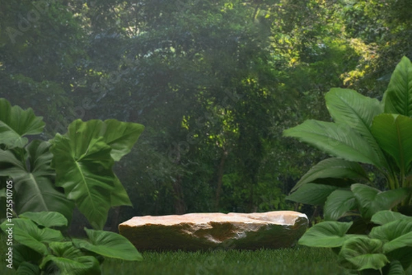 Fototapeta Stone podium stand with green tropical forest nature background.natural product pedestal rock table top display.jungle paradise concept.