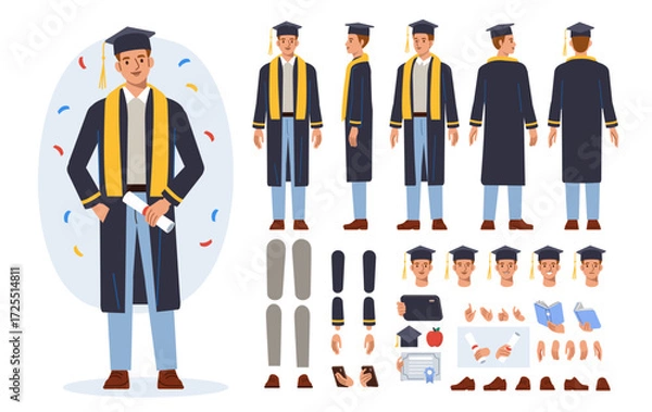 Fototapeta Graduated student man wearing academic cap and gown holding graduate diploma. Character constructor for animation. Front, side, back view collection. Body parts, poses set. Vector illustration.