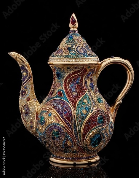 Fototapeta A lavishly decorated teapot, adorned with vibrant crystals and intricate paisley patterns, showcasing exquisite craftsmanship and artistry.