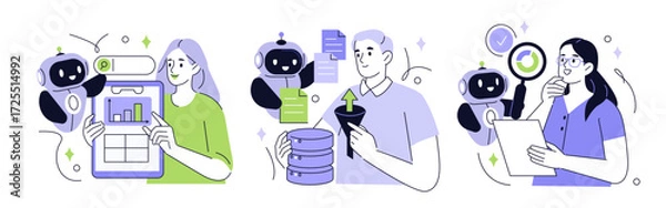 Fototapeta Data analysis with artificial intelligence set. Robot and people characters working together to analyze, search, and sort information. Predictive analytics concept. Vector illustration.
