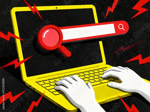 Fototapeta Online Search Engine Technology Magnifying Glass on Laptop Screen Technology Concept