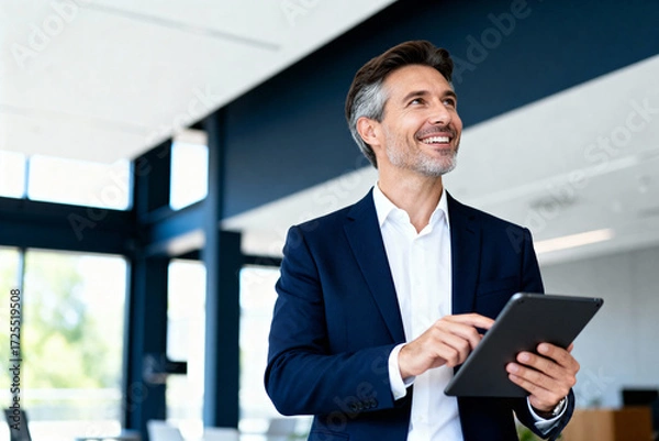 Fototapeta Confident Businessman Using Tablet in Modern Office Looking Upwards