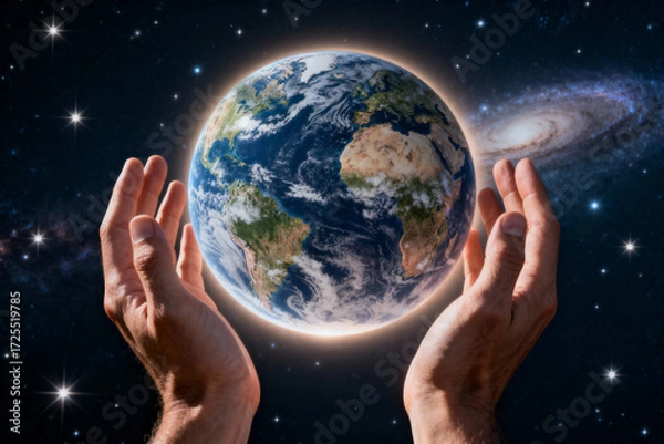 Fototapeta Human Hands Gently Holding Planet Earth in Cosmic Galaxy Universe Background