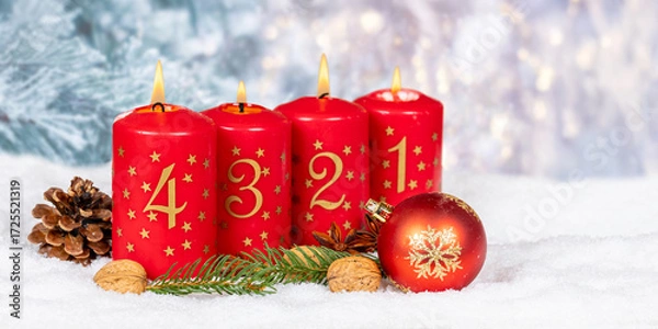 Fototapeta Fourth 4th Sunday in advent Christmas time copyspace copy space with burning candle snow winter panorama