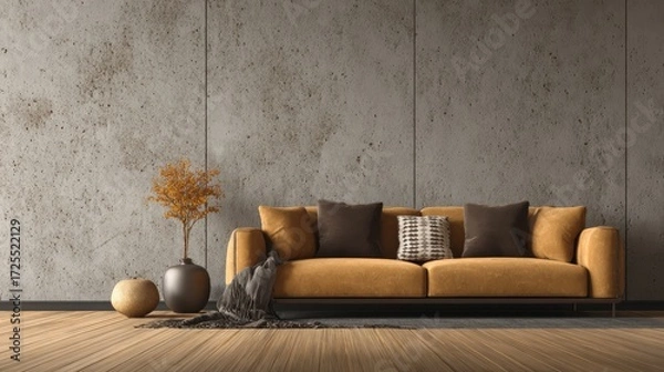 Fototapeta A stylish living room features a mustard yellow sofa with pillows. A small decorative tree and vases complement the minimalist decor against a textured wall