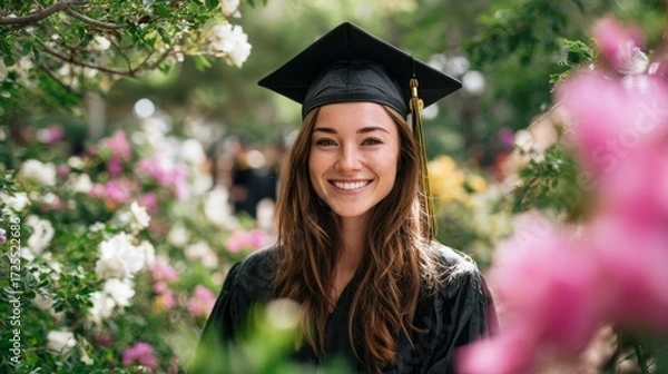 Fototapeta A joyful graduate wearing a black cap and gown stands surrounded by colorful flowers. She is smiling, celebrating her achievement at a sunny outdoor location with fellow graduates