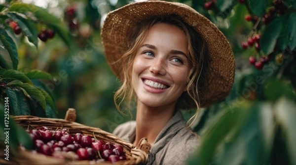 Fototapeta A woman gathers ripe cherries in a basket while enjoying her time in a vibrant orchard. Her bright smile reflects the happiness of the harvest season on a beautiful sunny day