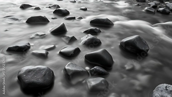 Fototapeta Smooth river stones captured in a minimalist black and white composition, with water flowing gently around them.