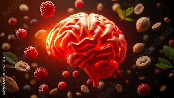 Fototapeta Vibrant glowing brain model surrounded by floating nutritious foods on a dark background.