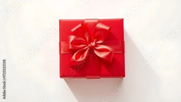 Fototapeta Luxurious red gift box tied with a satin ribbon, elegantly presented on a clean white surface.