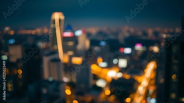 Fototapeta A nighttime cityscape with warm lights and a dreamy bokeh effect.
