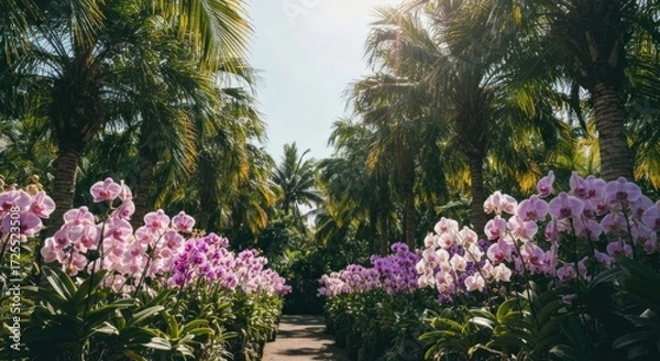 Fototapeta Tropical orchid garden path, sunlight filters through palm trees