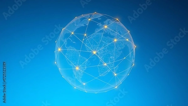 Fototapeta Golden interconnected lines forming an abstract globe against a gradient blue sky, symbolizing global business concepts.