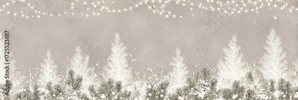Fototapeta Minimal frosted pine with warm fairy lights
