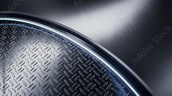 Fototapeta Half-circle brushed steel with embossed diamond plate texture and glowing rim light provides a futuristic industrial feel for stage design, sci-fi UI, or 3D modeling.