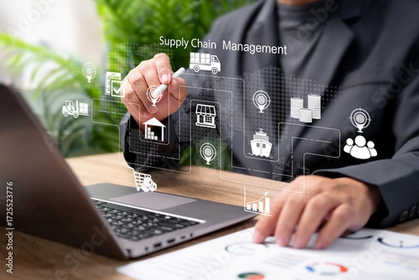 Fototapeta Supply Chain Management Concept, Businessman Demonstrating Efficient Supply Chain Operations, Logistics Planning, Inventory Control, Procurement Strategy, Transportation,Distribution, Corporate Growth
