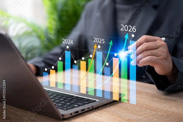 Fototapeta Business Growth 2026 Concept, Businessman Show Forecast Graph, Yearly Target Comparison, Strategic Corporate Development, Financial Plan, Market Trends, Investment Strategy,Continuous Business Success
