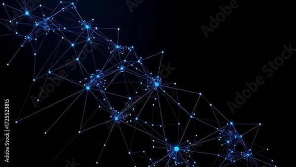 Fototapeta Abstract network of connected nodes and flowing lines in blue and silver on a dark background.