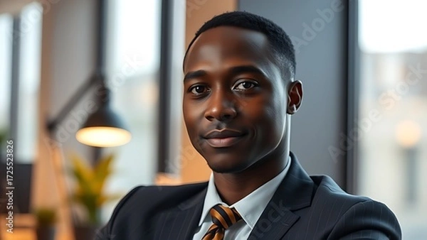 Fototapeta A focused African businessperson working late in a modern office illuminated by a desk lamp.