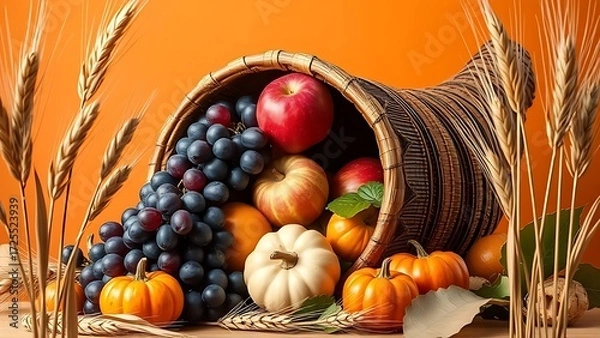 Fototapeta A cornucopia overflowing with fresh fruits and gourds, framed by delicate wheat stalks.