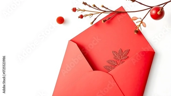 Fototapeta Red envelope with decorative elements, product closeup on minimalist background.