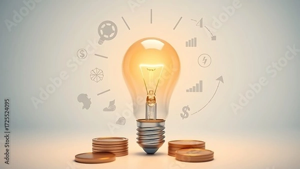 Fototapeta Illuminated lightbulb with financial elements, business innovation concept.