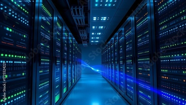 Fototapeta Server room with abstract LED light patterns in blue and green.