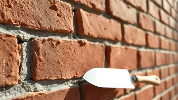 Fototapeta A close-up of a brick wall under construction with a trowel resting.