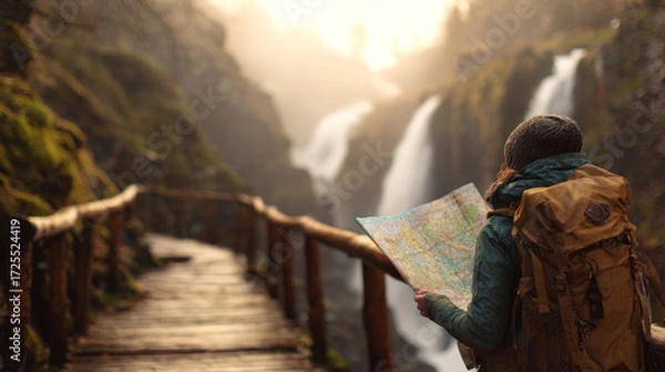Fototapeta Backpacker Exploring Forest Waterfall with Map