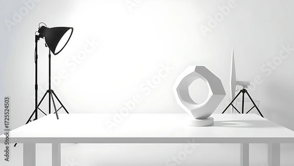 Fototapeta Minimalist white workspace with abstract geometric sculpture on a clean table.