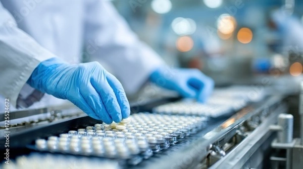 Fototapeta A laboratory worker wearing gloves carefully arranges vials on a conveyor belt in a pharmaceutical facility. The workspace is well-lit, showcasing the production process for medication