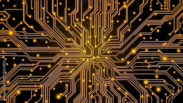 Fototapeta Abstract circuit board with golden patterns, illustrating modern technology.