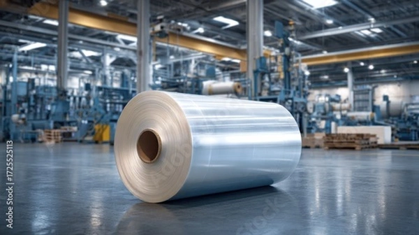 Fototapeta A large roll of clear plastic film is resting on the floor of a busy manufacturing facility. Industrial machines and equipment are seen in the background, showcasing production in action