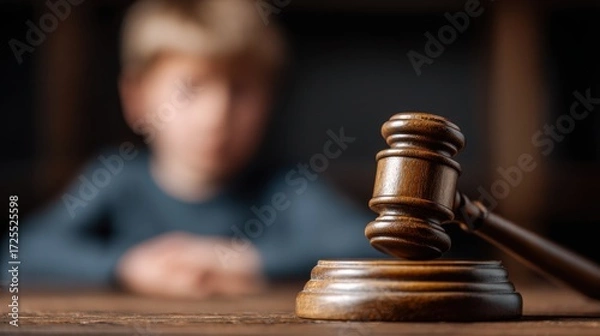 Fototapeta A young child sits attentively in a courtroom, focused on a wooden gavel placed on a table. The scene captures the serious atmosphere of a legal session