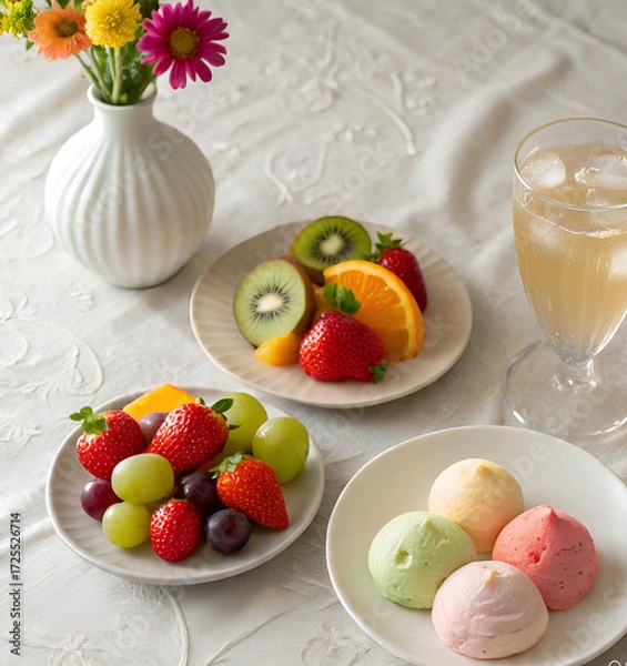 Fototapeta Fruit dessert with kiwi, orange, strawberry, grape and marshmallow