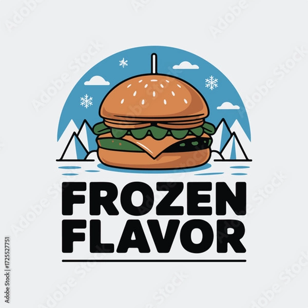 Fototapeta A delicious juicy hamburger with cheese and lettuce sits on a snowy mountain landscape with the words frozen flavor below representing cold food or winter treats