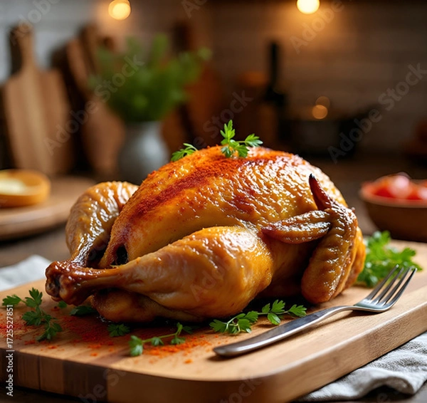 Fototapeta Roasted chicken on a wooden board with parsley and a fork on the side