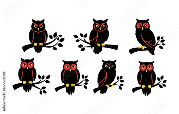 Fototapeta Vector art of collection of stylized owls perched on branches