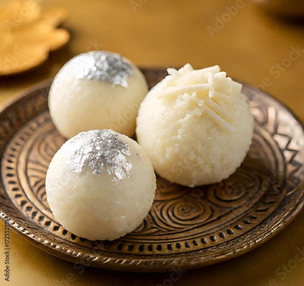 Fototapeta Three rasgulla sweets on a decorative plate, a traditional indian dessert