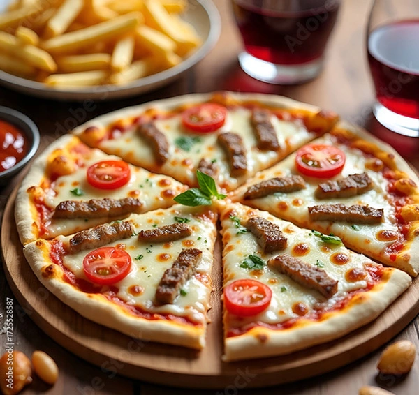 Fototapeta Delicious pizza with fries and drinks on a wooden table, close up shot