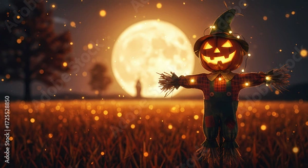 Fototapeta Scarecrow with lit pumpkin head against full moon and field background