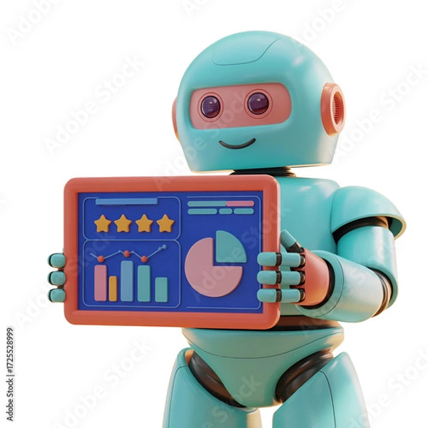 Obraz Friendly cartoon robot holding a tablet displaying business analytics charts and graphs isolated on transparent background