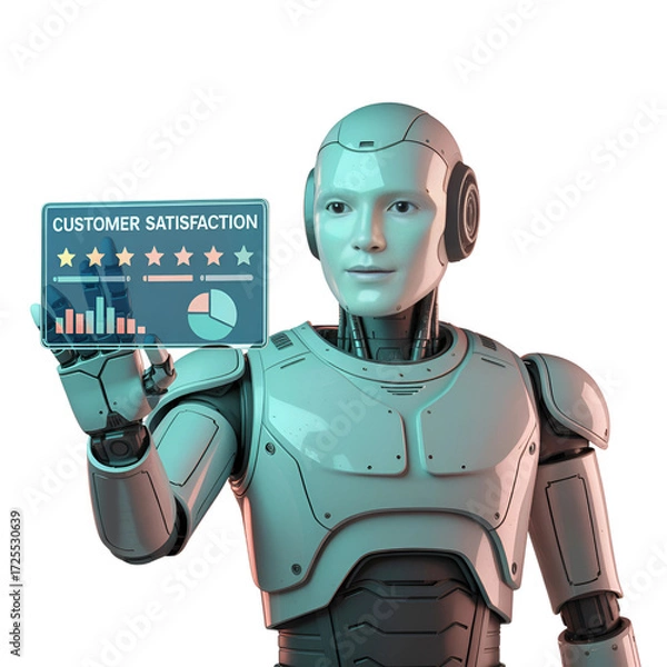Obraz Humanoid robot displaying customer satisfaction data on a futuristic screen isolated on transparent background