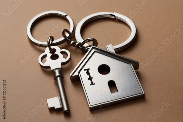 Fototapeta Metal houseshaped keychain with two keys