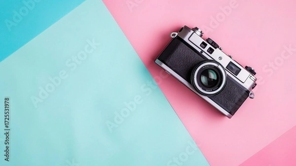 Obraz Minimalist Photography Idea: A Vintage Film Camera in a Stylish Flat Lay on a Pastel Background