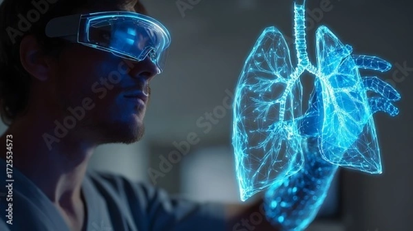 Fototapeta Male Medical Professional Using Virtual Reality Glasses Interacting with Digital Lung Model in Modern Healthcare Environment