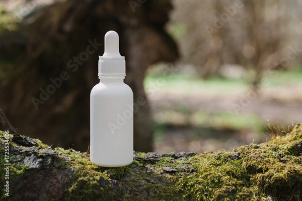 Fototapeta A dark and light glass serum bottle with a dropper, tree bark wood, moss. forest on a sunny day nature background. Concept of skin care, hydration, cosmetic demonstration eco-friendly product mock up