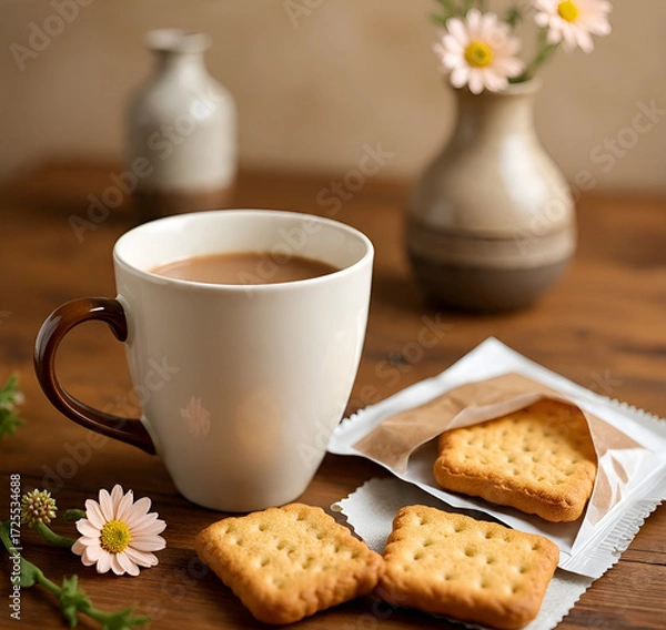 Fototapeta Cup of tea with biscuits and flowers on a wooden table, close up shot
